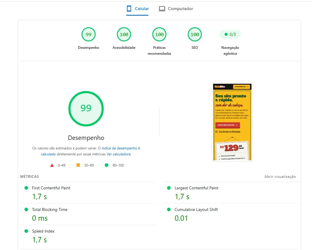 Relatório do Google PageSpeed Insights para criasite.com.br no celular: desempenho 99, acessibilidade 100, boas práticas 100, SEO 100 e navegação agêntica 3 de 3.